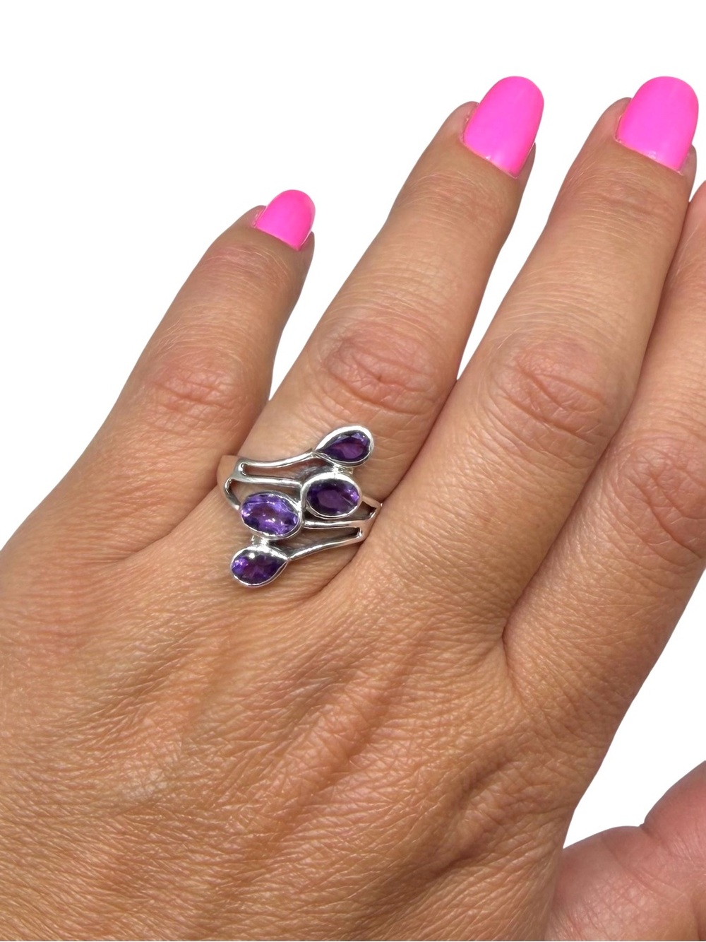 Amethyst Ring Solid 925 Sterling Silver Size 10 Multi Stone Statement - Picture 3 of 7